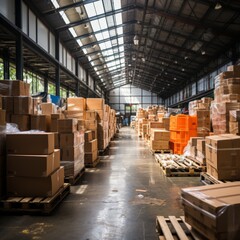 Busy warehouse interior with rows of shelves and boxes