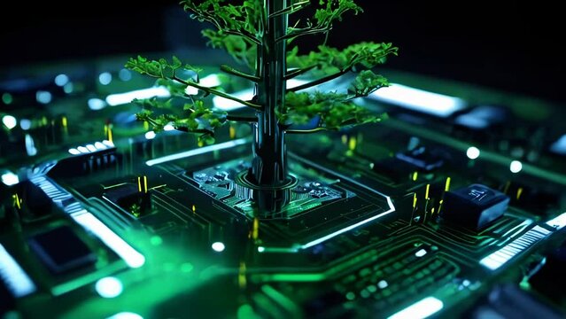 Green natural eco tree and computer technology on an abstract high-tech futuristic background of microchips