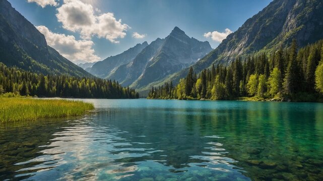 Pristine alpine lake rests serenely amidst towering mountains under bright blue sky dotted with fluffy white clouds. Crystal-clear turquoise water reflects surrounding peaks, lush evergreen forests.