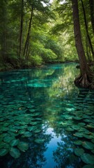 River winds its way through lush, green forest. Water clear, turquoise blue, reflects surrounding trees, sky. Lily pads float on surface of water, adding to serene, peaceful atmosphere. Trees tall.