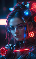 female DJ in cyberpunk glasses, neon light effects at a disco, music in our lives,
