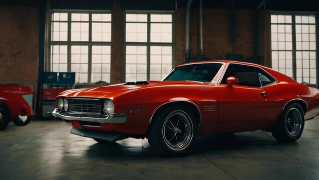 Muscle red car in a car shop center. Vintage classic sport car garage workshop background