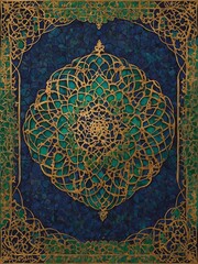 Naklejka premium Golden, intricate, geometric design sits atop background of blue, green mosaic tiles. Design features central medallion surrounded by ornate, repeating patterns that extend to edges of image.