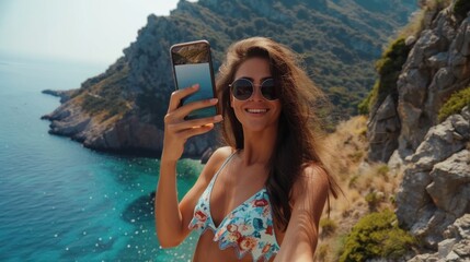 Young beautiful brunette takes a selfie on a background of mountains and the sea, dressed in a swimsuit and tunic - obrazy, fototapety, plakaty