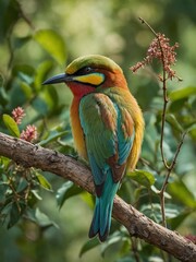 Vibrantly colored bird perches on weathered tree branch, its body angled slightly to left with its head turned towards right. Bird's plumage stunning array of colors, with bright green head, back.