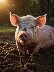 Young pig with pink skin, black spots stands in mud. Pig looking directly at camera with curious expression, ears perked up, its snout slightly raised. Sun setting in background.
