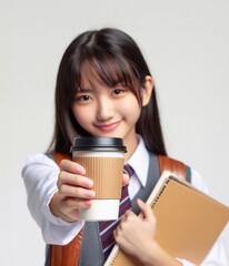 Close-up photo of coffee cup Takeaway.Hold by Asian people. white background generative ai art