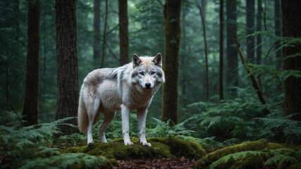 Lone wolf stands alert on moss-covered rock in middle of dense forest. With piercing blue eyes, wolf surveys its surroundings, its gray, white fur blending ly with muted greens, browns of forest.