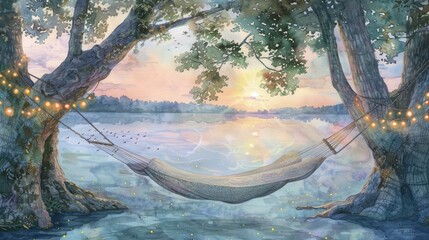 Peaceful retreat in watercolor: hammock, serene lake, sunset reflection, and fireflies. Private retreats