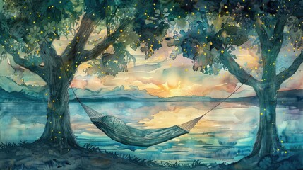 Dreamlike watercolor of a hammock between ancient oaks at a serene lake, sunset hues. Private retreats