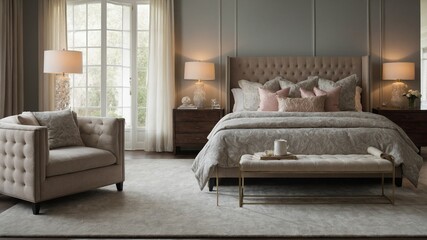 Plush bed stands as centerpiece of serene bedroom, adorned with collection of pillows in varying shades of pink, patterned comforter.