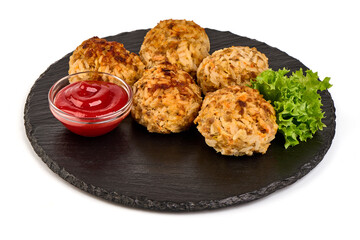 Baked pork meatballs, isolated on white background.