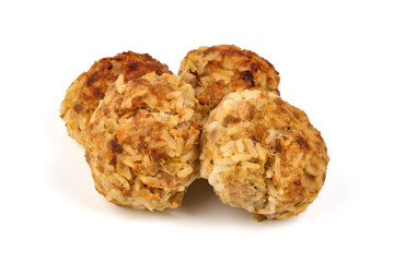 Baked pork meatballs, isolated on white background.