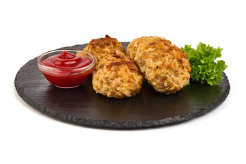 Baked pork meatballs, isolated on white background.