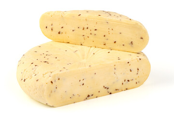 Piece of fresh Cheese with Cumin Seeds, close-up, isolated on white background.