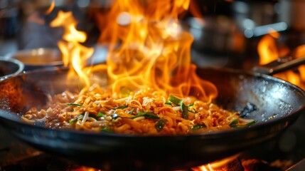 fried noodles cook in pan with big fire flame is hong kong style. Pad Thai favorite and famous Asian Thai street fast food in hot pan, Pad Thai is fried rice noodle dish a street food Thailand