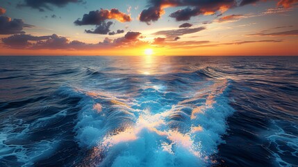 The wake of a boat in the ocean at sunset, AI