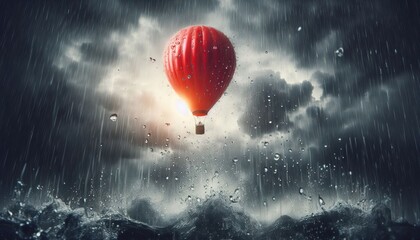 red hot air balloon rising against backdrop of stormy sky with rainy whether
