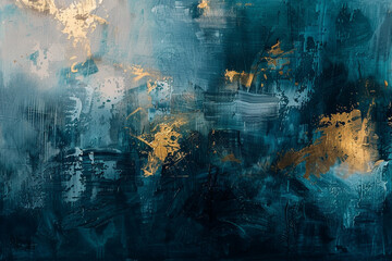 Abstract oil painting with a fusion of gold and cool tones, creating a captivating and balanced visual experience.