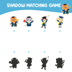 Naklejka premium Matching shadow game for children. Find the correct shadow. Worksheet for kid. Printable activity page for kids. Learning Game. Vector file. 