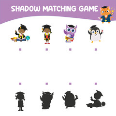Matching shadow game for children. Find the correct shadow. Worksheet for kid. Printable activity page for kids. Learning Game. Vector file. 