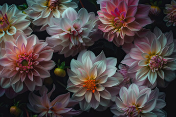 White and pink dahlias, many dahlia buds, dark background, filled frame