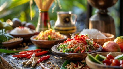 Fototapeta premium Ingredient for cooking papaya salad,Sticky rice, papaya salad, Som Tam , som tum, thai food, isan food,Thai isan kitchen , som tum lao, morning light, thai kitchen background