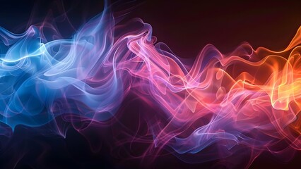Glowing waves and smoke in abstract birch pink, blue, and orange colors on black background. Concept Abstract Art, Glowing Waves, Smoke Effect, Birch Pink, Blue Orange, Black Background