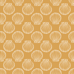 Underwater seamless pattern with seashell line art illustration in white color on yellow background. Scallop sketch, seashell line drawing. Summer beach ocean print for background, textile, fabric