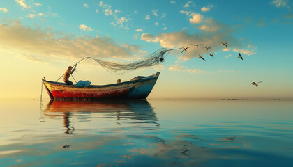 Asian fisherman on wooden boat casting a net for catching freshwater fish in nature river.