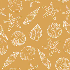 Underwater seamless pattern with seashell line art illustrations in white color on yellow background. Scallop sketch, seashell line drawing. Summer ocean beach print for background, textile, fabric