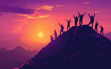 Happy friends hikers or tourists stands with raised arms on mountain top against mountains and looking at sunset.