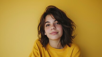 Fototapeta premium Young Girl in Yellow Shirt Poses for Picture