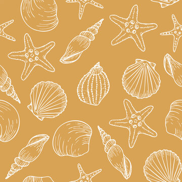 Underwater seamless pattern with seashell line art illustrations in white color on yellow background. Scallop sketch, seashell line drawing. Summer ocean beach print for background, textile, fabric