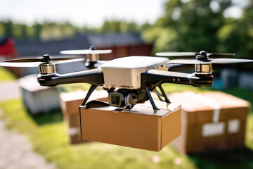 Delivery by the unmanned dron is flying over the city.