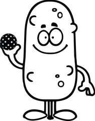 Cute Pickle Cartoon Character with A Thumb Up And Holding Pickleball Ball. Hand Drawn Vector Illustration Isolated On Transparent Background