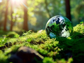 Globe planet glass In green forest. world environment day. environment conservation, protect ecology earth and environmental eco-friendly 