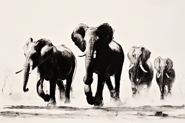 sketch graphics black and white herd of elephant
