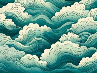 Japanese background with blue watercolor texture painting element vector. Oriental natural wave pattern with ocean sea decoration banner design