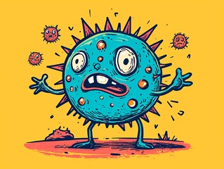 Cartoon microbe virus, bacteria and disease viruses mascot. Pathogen microorganism vector illustration blue on yellow background