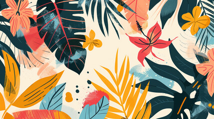 Abstract tropical leaves and flowers in bold, colorful patterns on a cream background