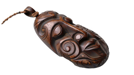 A Maori carved wooden pendant (hei-tiki) on a transparent background. PNG format, This PNG file, with an isolated cutout object on a transparent background. 