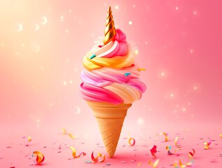 Realistic cute smiling pink unicorn ice cream on pink background