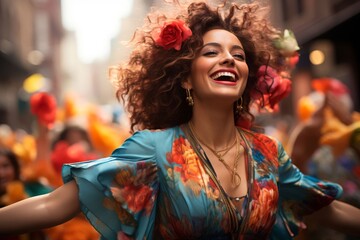 Curly-haired girl with a rose in her hair in a bright floral dress dancing and having fun at a Spanish festival