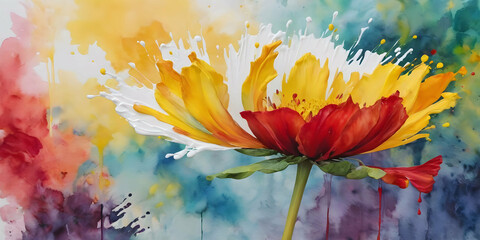 painting of a yellow and red flower on a colorful background with watercolors and a white background, Art & Language, abstract brush strokes, an abstract painting