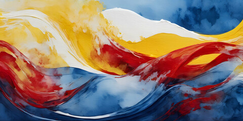 painting of a yellow and red waves on a blue background with watercolors and a white background, Art & Language, abstract brush strokes, an abstract painting