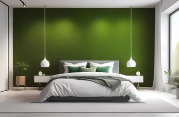 Bedroom design project in white tones, with moss design elements
