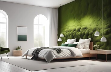 Bedroom design project in white tones, with moss design elements