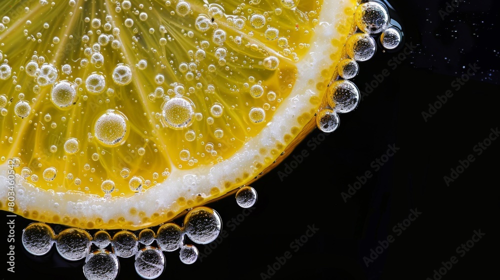 Poster slice of the lemon with bubbles on the black background