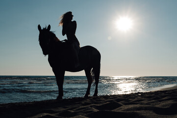 Silhouette of a woman riding a horse on a beach during a sunset